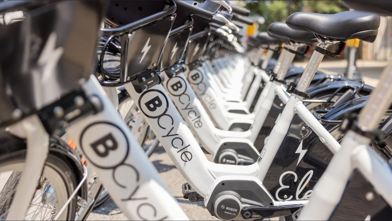 a row of BCycle bike share bicycls
