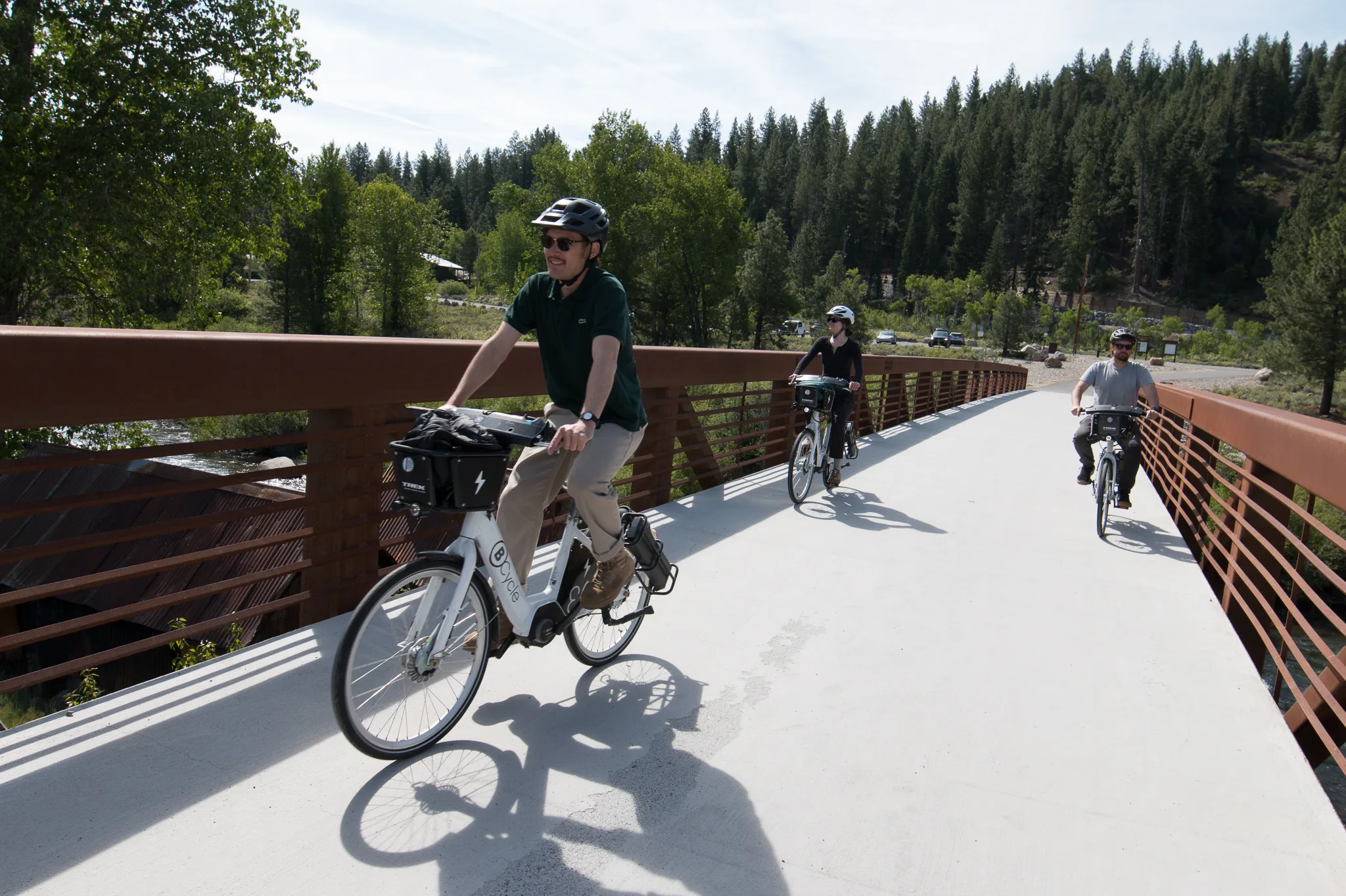 group of riders in Truckee, California riding bike share bicycles